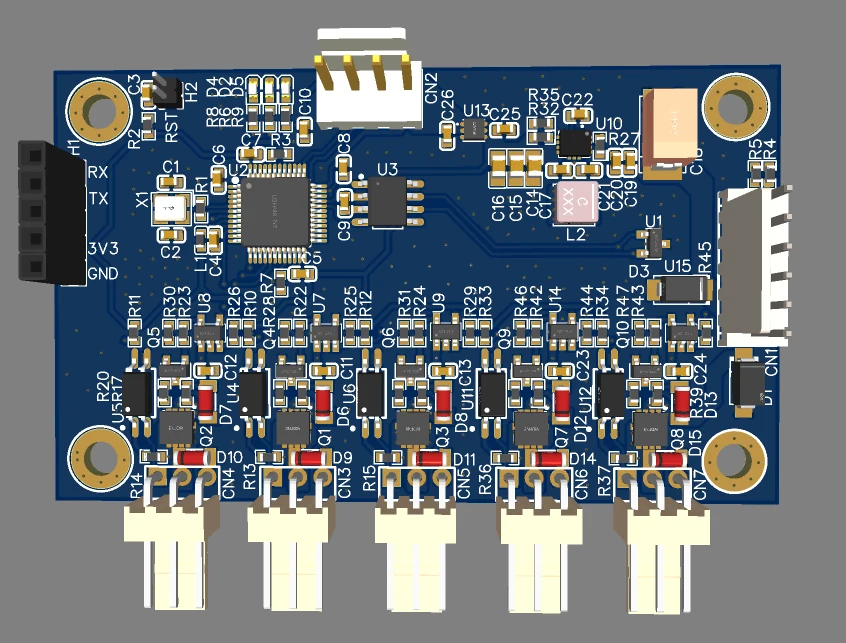 3D render of the five-channel fan controller PCB