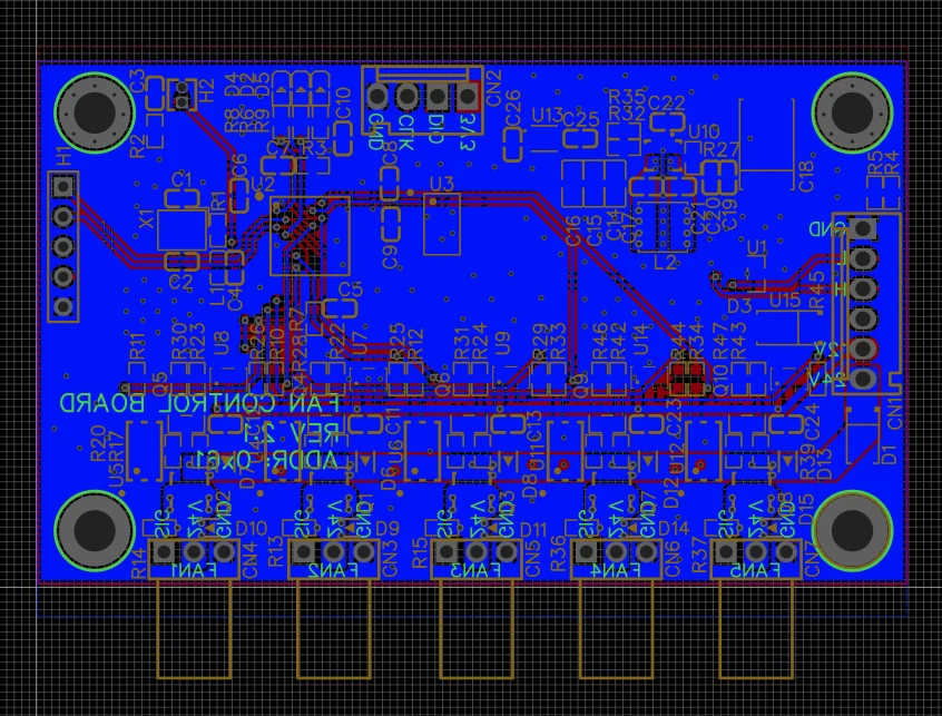 Bottom copper layout view of the fan controller PCB